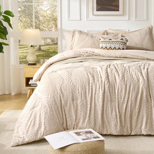Image of 7 Pieces Tufted Boho Comforter Set Leaves Floral Khaki Farmhouse Shabby Chic Embroidered Bedding for All Seasons Full Size with Comforter Sheets Pillowcases Shams