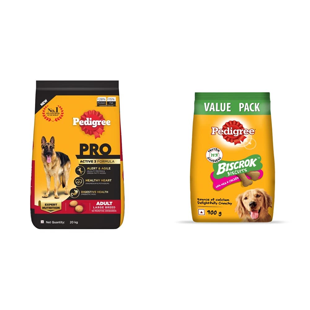 Pedigree PRO Expert Nutrition Active Adult Large Breed Dog (18 Months Onwards), 20kg Pack & All Life Stages Biscrok Biscuits (above 4 Months), Milk and Chicken Flavor, 900g Pack (B0B8ZLJ2SH) Amazon Price History, Amazon Price Tracker