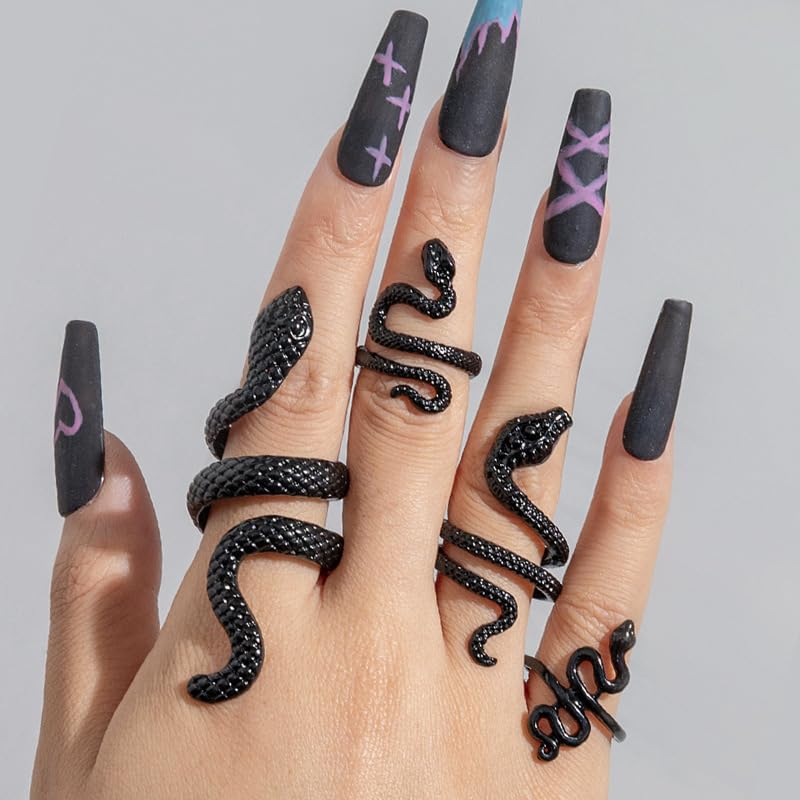 Anillos de serpiente negra para mujer, joyería ajustable de serpiente negra para mujer, accesorios góticos vintage, juego de anillos punk góticos, joyería de Halloween, Cobre, Sin piedras preciosas 4