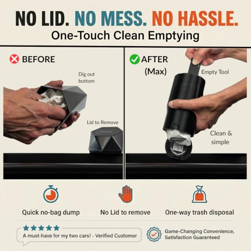 Image of Trash Trapper Car Trash Can Cup Holder | Max Car Trash Can | Fits in Most Cupholders | 5.6 inch x 3.5 inch | Traps More & Empties Less, Patent-Pending Compaction, Holds Many Weeks Small Garbage, Black /Grey