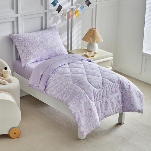 Image of JHXHMX Floral Toddler Bedding Set for Girls,4 Piece Bed-in-a-Bag Toddler Comforter Set,Soft Crib Bed Set Including Comforter,Flat Sheet,Fitted Sheet and Pillowcase-Purple