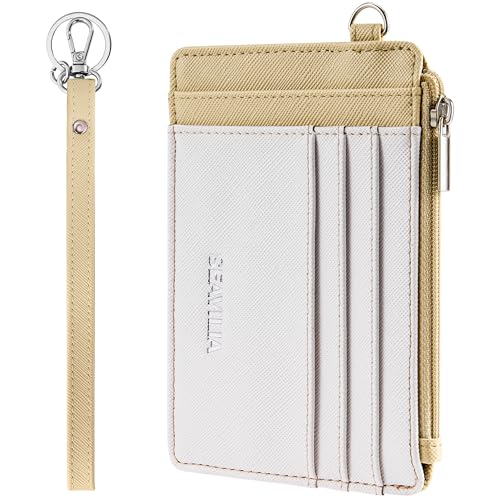 Image of SEAVILIA Small Wallet for Women Slim Wristlet Keychain Wallets RFID Credit Card Holder With Zipper Pocket, ID Window, Beige&Apricot, 5.25 x 3.74 x 0.39 inches, Pu Leather
