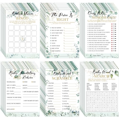 Kosiz 302 Pcs Greenery Eucalyptus Baby Shower Games 6 Games Activities for 50 Guests Include Baby Shower Bingo, Word Scramble, Word Search, Predictions and Advice, The Price is Right, Guess Who