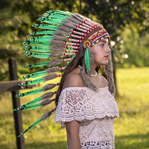 Pink Pineapple Handcrafted Native American Inspired Feather Headdress - Medium Length - Lime Green with Black Spots - Image 4
