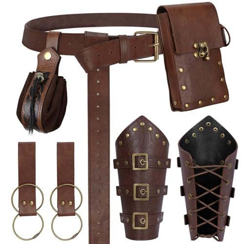 Renaissance Belt Pouch Medieval Viking Leather Bracers set - Pirate Costume Accessorie Waist Bag Purse for LARP (Brown)