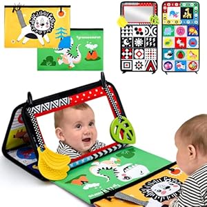 Tummy Time Baby Mirror Toys, High Contrast Black and White Sensory Infant Toys,Brain Developmental Montessori Newborn Toys with Crinkle Cloth Book for Boys and Girls Gift 0 3 6 12 Months