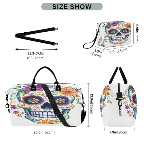 Skull with Colorful Flowers Travel Duffel Bag for Women Weekend Overnight Dag with Toiletry Bag, Luggage Bag for Travel, Sport, Gym3