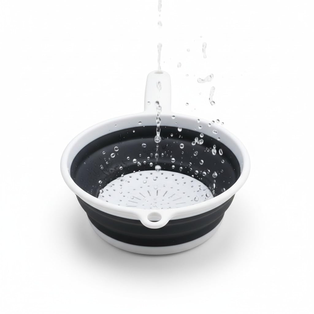 Colador de alimentos redondo de silicona plegable para ahorrar espacio de 8 pulgadas con mango - blanco (paquete de 1)