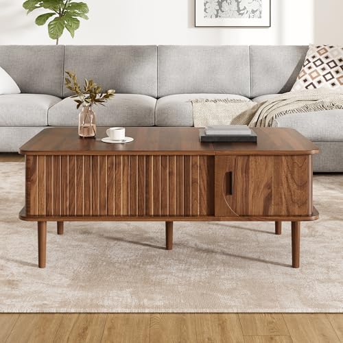 Easexcy Mesa de centro, mesa de altura ajustable, puerta deslizante, aspecto de nogal, ranuras verticales, patas de madera, mesa de salón multifuncional, 100 x 48 x 55,5 cm