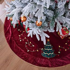 X.Sem Christmas Tree Embroidered Velvet Christmas Tree Skirt with Pleat Velvet Border 50'' Dark Red (Dark Red, 50 inch) XSem Christmas Tree Embroidered Velvet Christmas Tree Skirt with Pleat Velvet Border 50 Dark Red Dark Red 50 inch