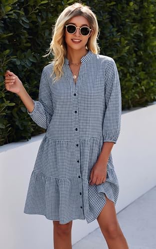 Image of CCTOO Women's Summer Dresses Casual V Neck Button Down 3 /4 Sleeve Floral Print Loose Flowy Shirt Dress