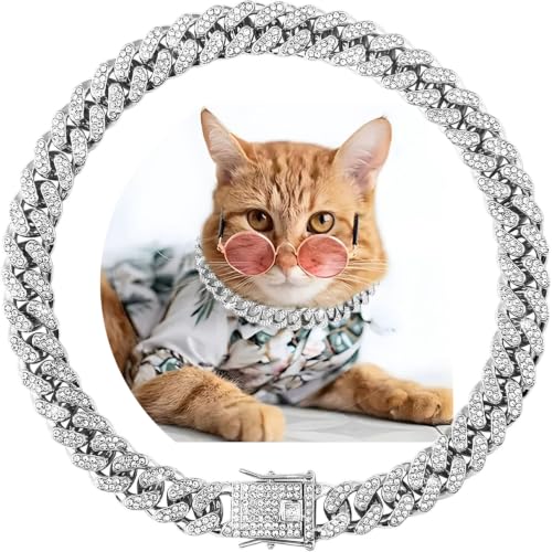 Image of Silver Cat Chain Collar with Bling，Sparkly Diamond Metal Cuban Link Dog Collars, Rhinestone Glitter Puppy Necklace for Small Medium Large Pet Dogs Cat