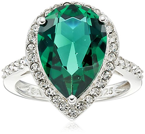 Sterling Silver Swarovski Emerald Color and Clear Crystal Pear Ring, Size 7