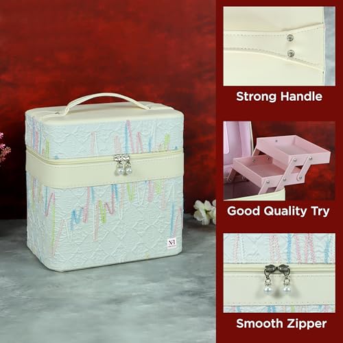 Image of NFI essentials Cosmetic Storage Makeup Bag for Womens Train Case Travel Makeup Pouch Organizer Brush Holder Makeup Artist Vanity Bridal Trousseau Box for Girls (Off-White)