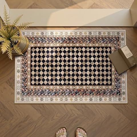 Wonnitar Washable 2x3 Checkered Rug Bathroom Rugs, Black Brown Trellis Non Slip Door Mat Indoor Entrance, Stain Resistant Funky Kitchen Rugs Floor Throw Carpet for Entryway Bedroom(Black,2x3) Cover