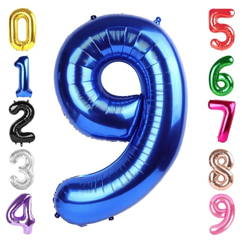 Image of 40 Inch Navy Blue Number 9 Balloon, 9th Blue Birthday Party Decorations | 40 Inch Navy Blue inflatable foil number balloons, large birthday decorations for 9th birthday