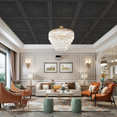 Image of STICKGOO Drop Ceiling Tiles 24x24 Inch, Glue Up Ceiling Panels, Pack of 12 | PVC Waterproof, Easy Installation, Ceiling Covering for Home Office Decor, Cover 48 Sq. Ft (Popcorn Textured Black)