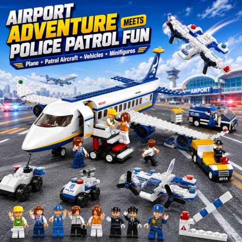 Image of SKY LINE OCEAN Police Patrol & Airport Adventure Building Block Combo Set, 600+ PCS Police Car Construction Kit & Passenger Airplane Airport Playset, STEM Educational, 5-Year Structural Warranty