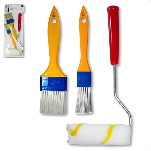 Kit de Pintura com Rolo 23x10cm e 2 Pincéis 17x2 e 19x4cm para Retoques, Artesanato e Acabamento Doméstico