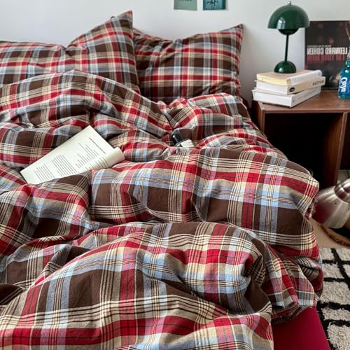 Image of VM VOUGEMARKET Red Buffalo Gingham Duvet Cover Set Queen,3 Pieces Washed Cotton Bedding Set,Breathable Luxury Plaid Duvet Cover with Zipper Closure for Girls (Red&Brown)