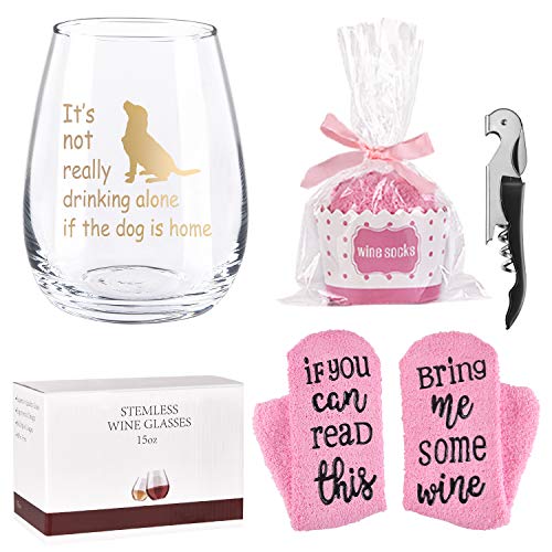 Dog Lover Gift - It’s Not Really Drinking Alone If The Dog Is Home Stemless Wine Glass with Cupcake Wine Socks, 15Oz Special Wine Glass Gift Set for Christmas Birthday, Gift Idea for Dog Lover Her Him