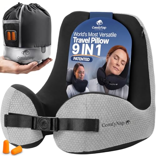 Image of ComfyNap Versatile Travel Neck Pillow for Airplane [Patented], 9 Positions in 3 Techniques, Plane Pillow with Pure Memory Foam, Travel Pillow with HeadRest Flight Sleep, Travel Essential - Moon