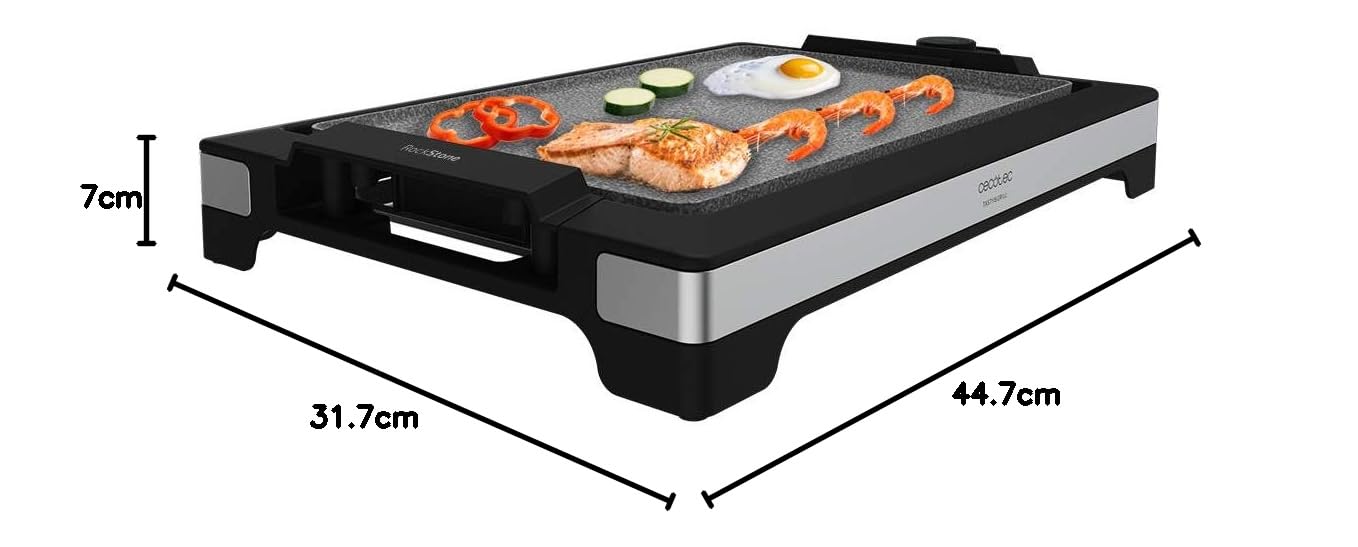 Cecotec Plancha eléctrica Tasty&Grill 2000 InoxStone. 2000 W, Placa RockStone antiadherente, Termostato regulable, 5 niveles potencia, Placa extraíble, Apta lavavajillas