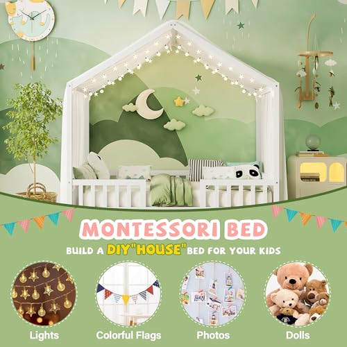 Image of Full Size Wood House-Shape Platform Bed with Roof Frame and Canopy, Montessori Floor Bed with High Railings and Slat Support for Kids Girls Boys, No Box Spring Needed (White-05, Full)