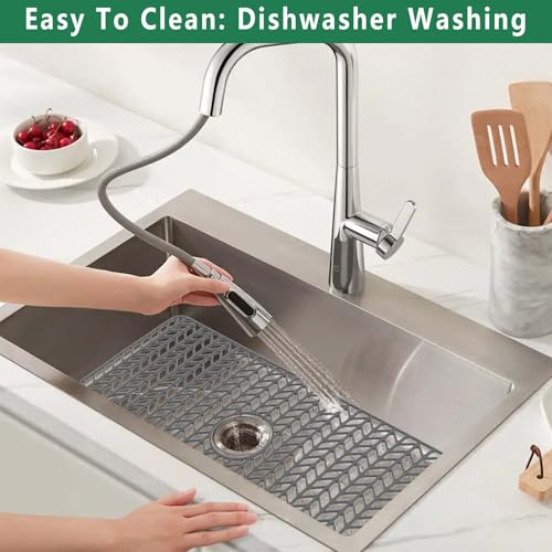 Image of GUUKIN Sink Protectors for Kitchen Mat - 29.7 inchx15.5 inch Silicone Kitchen Sink Mat Grid for Bottom of Farmhouse Stainless Steel Porcelain with Center Drain(Grey)