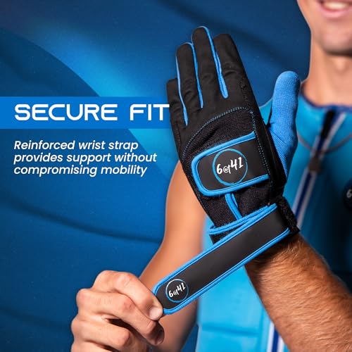 image for 6 @t 41 Water Ski Competition Gloves, Black and Blue, Breathable Mesh,