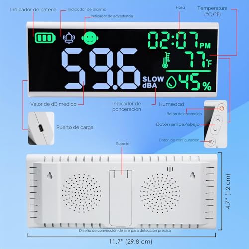 Miniatura 8 de Medidor De Decibelios De 13 Pulgadas, Medidor De Nivel De Sonido De Pared Y Mesa, Gran Dispositivo Led Para Mostrar Decibelios, Hora, Temperatura Y Humedad Con Zumbador Y Alarma De Símbolo Para Aulas