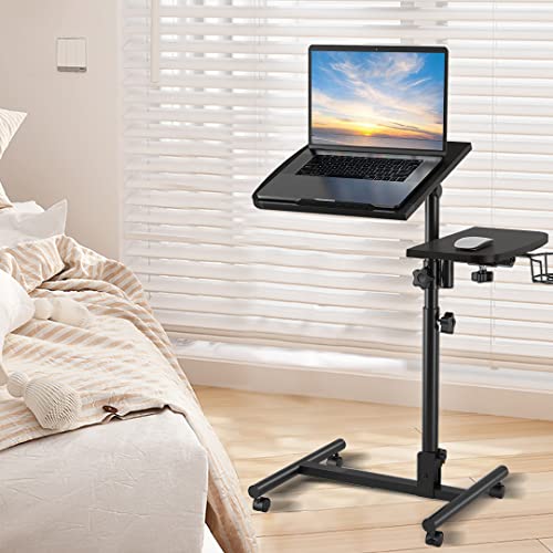Maikanton Laptop Table 23 Inch Adjustable Height Tray Table, Rolling Cart Mobile Overbed Desk, Sofa Bed Side Table Couch Computer Desk Stand With Cup Holder 360° Swivels Wheels (Black Wood Grain) #TOP7