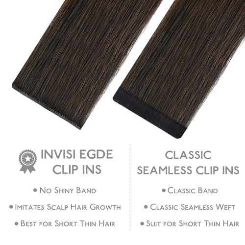 Image of WENNALIFE Invisible Edge Seamless Clip in Hair Extensions Real Human Hair | 22'' 150g 7pcs Balayage Chocolate Brown to Caramel Blonde. Thin PU Weft, Easy, Comfortable Clip in Remy Hair Extensions