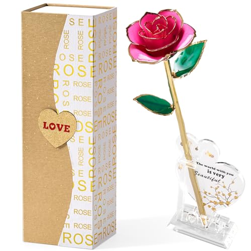 Image of Mikasol Gold Dipped Real 24K Forever Preserved Rose, 1 Pack Infinity Flower Decor Hand Dipped Romantic Gift for Women in Her Wife Girlfriend Birthday Anniversary Valentines Mothers Day Christmas(Pink)