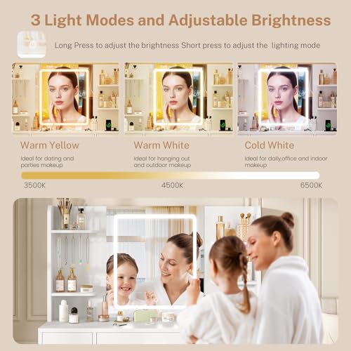 Image of FIONESO Large Vanity Desk with LED Lighted Mirror & Power Outlet, Makeup Vanity Table with 7 Drawers,4 Shelves and 5 Hooks, White Vanity for Bedroom, Bathroom