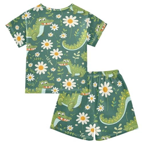 ALAZA Crocodile Daisy Flower Green Pajamas Short Sleeve 2 Piece Sleepwear Top and Bottom Pajama Set Unisex2