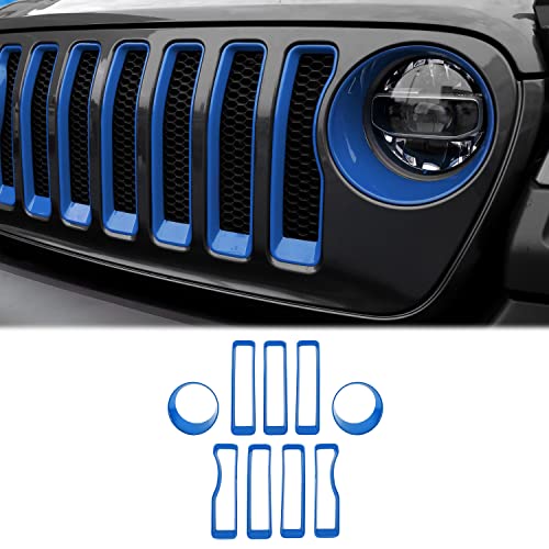 Image of CheroCar for JL Mesh Grille Grill Insert & Headlight Turn Light Cover Trim Exterior Accessories for Jeep Wrangler JL 2018-2023, Blue
