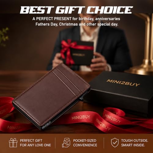 Image of Mini2buy Engraved Your Name Large Pocket Pop-Up Leather Wallet for Men & Women | RFID Blocking | Slim Magnetic Bifold Wallet with Quick Access Button - Holds 14 Cards & Cash (Brown-Wallet)