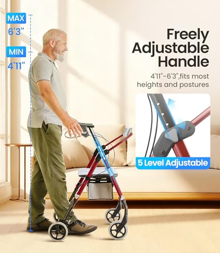 Image of VOCIC Z12 Walker for Seniors with Seat, 13.4 LBS Ultra Light, 350 LBS | Ergo Seat & Backrest for Comfort, Height Adjustable & Easily Foldable for Seniors, All Terrain Wheels, Silver