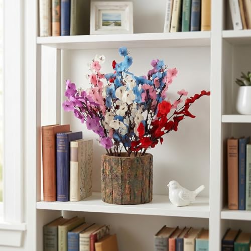 Image of Dekorly Artificia Baby's Breath Flower with Real Wooden Vase (28CM Overall Height) | Decorative Lifelike Faux Floral Plant in Rustic Tree Log Pot for Living Room(Baby's Breadth)