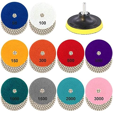 Diamond Polishing Pads, Topcloud 4 inch 10 Pads for Granite Stone Concrete Marble Floor Grinder or Polisher, 50#-3000# with Hook & Loop Backing Holder Pads for Wet Polisher Cover
