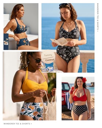 Image of Holipick Women High Waisted Bikini Set Two Piece Swimsuit Tummy Control Bathing Suit Vintage Halter Swimwear
