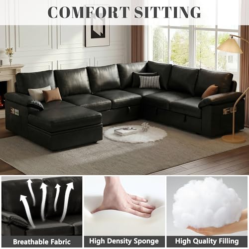 Image of 108 Inch Faux Leather Modular Sectional Sofa with Pull Out Bed,U Shaped 7 Seat Sectional Sleeper Sofa with Storage,Sectional Couches for Living Room,Cloud Modular Couch,Black Leather