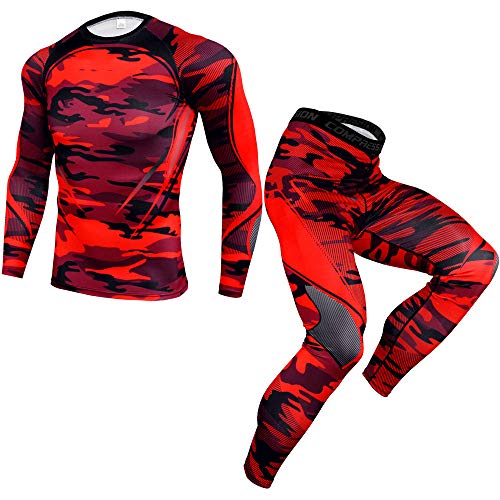 IsFashion Mens 2 Pcs Workout Clothes Men, Quick Dry Compression Pants Shirts for Gym Training Red