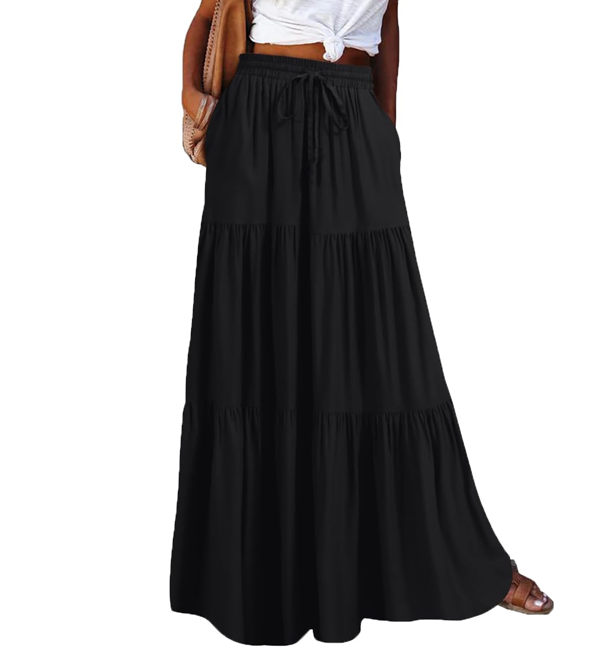 Flowy Maxi Skirt for Women Boho Long Skirts with Pockets High Waisted Ruffle Tiered Casual Fall Fashion Outfits