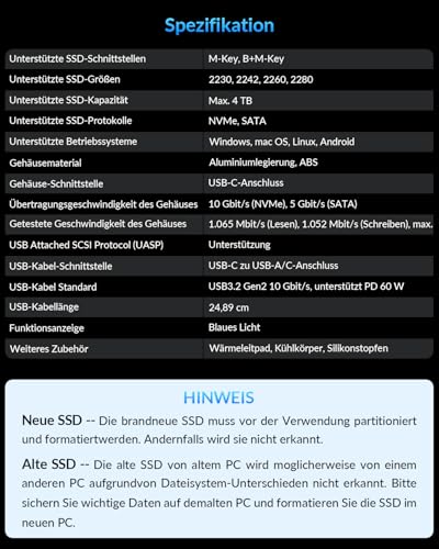 NVMe Gehäuse [Werkzeuglos], SETMSPACE M2 SSD Gehäuse [NVMe & SATA], M.2 SSD Gehäuse mit 2-in-1 Kabel, M2 USB Adapter für M-Key und B&M-Key, M2 SSD Case aus Aluminium- Grau Enclosure