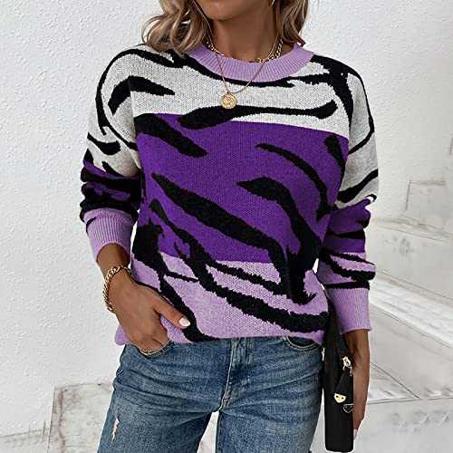 Women's 2022 Fall Winter Casual Long Sleeve Crew Neck Zebra Striped Print Color Block Knit Sweater Pullover Tops #TOP4