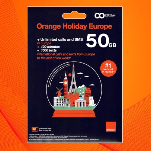 Preloaded Orange Travel Sim Card Now with 50GB of 4G Data Unlimited Calls & Texts in Europe 120 mins + 1000 SMS from Europe to Worldwide (Lasts for 31 Days). Tethering Allowed.