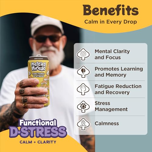 Melting Forest Mushroom D-Stress, Sparkling Adaptogen Drink with L-Theanine, Lion's Mane and Vitamin B, Zero Sugar, 5 Calories, Coconut Pineapple (12-Pack)