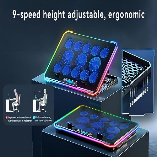 Image of Gaming Laptop Cooler with 13 Ultra Quiet Fans, LCD Screen and Multi Color RGB - 10 Lighting Modes, 9 Adjustable Heights, Dual USB Ports, Built in Phone Holder for 15 to 21 Inch Laptops on Desk or Lap